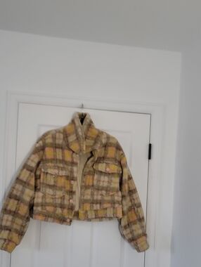 Forever 21 Fuzzy Plaid Jacket in Beige, Pink & Yellow